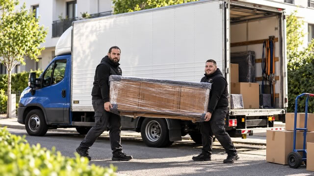 Équipe CToutVide transportant un meuble protégé devant son camion